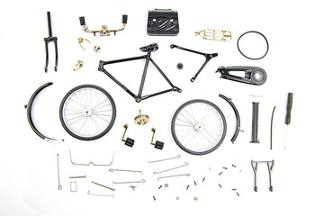 prefabricated parts of a bicycle model on a white background