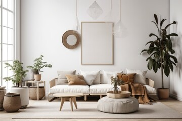 Scandi Boho living room wall mockup,. Generative AI