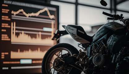 Fototapeta na wymiar Stock chart with a strong rising and falling line with motorcycle at the dealership in background