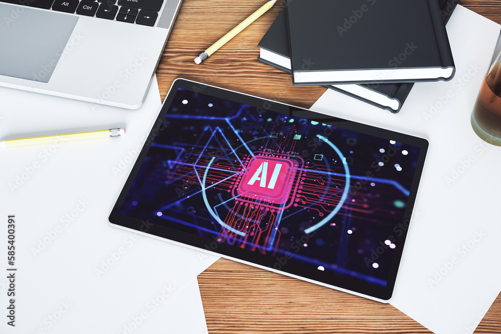 Poster top view of modern digital tablet screen with creative artificial intelligence abbreviation. future 