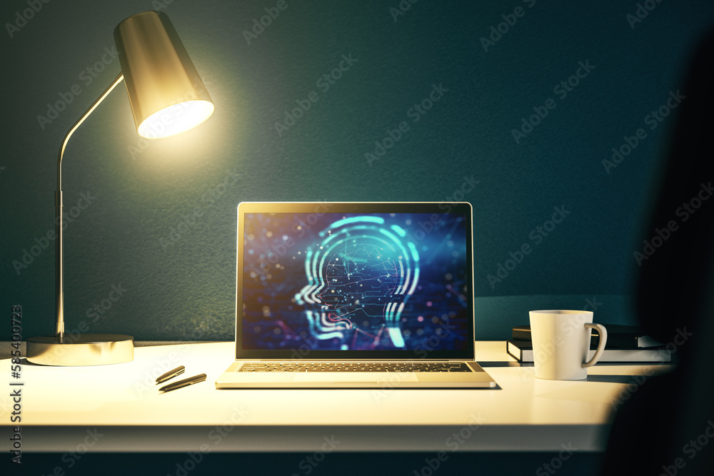 Fototapete creative artificial intelligence concept with human head sketch on modern computer monitor. 3d rende