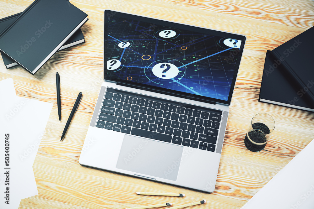 Aufkleber creative concept of question mark illustration on modern laptop screen. faq and search concept. 3d r