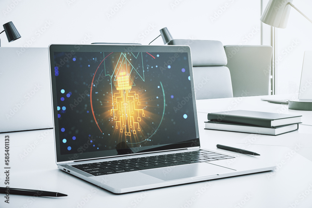Aufkleber Creative light bulb with chip hologram on modern laptop monitor, artificial Intelligence and neural networks concept. 3D Rendering