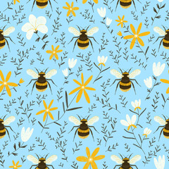 Bees and flowers, floral seamless pattern illustration - 585401112