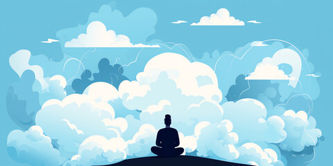 A person meditating on a cloud with a clear blue sky in background. cloud could have a thought bubble with positive affirmations or inspiring quotes. Generative AI.