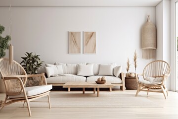 White living room wall. Boho interior mockup. Free copy space for your image, text, or design. Chairs, table. Generative AI