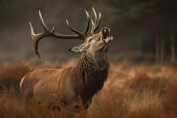 Red deer( Cervus elaphus) stag calling during rut, , Generative AI