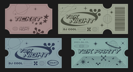 Retro party tickets template with futuristic elements. Y2k aesthetic design.