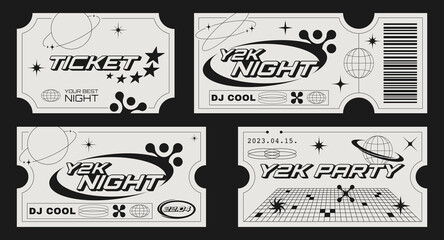 Retro party tickets template with futuristic elements. Y2k aesthetic design.
