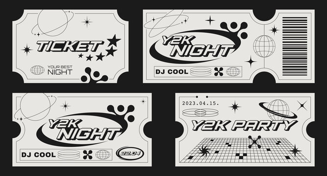 Retro Party Tickets Template With Futuristic Elements. Y2k Aesthetic Design.