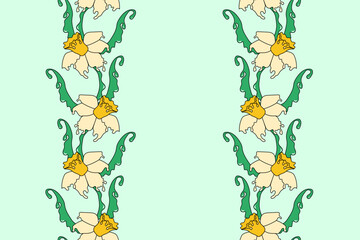 Floral wallpaper print. Seamless pattern with spring narcissus. Beautiful summer flowers background with flowing texture. Creative botany banner.
