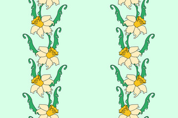 Floral wallpaper print. Seamless pattern with spring narcissus. Beautiful summer flowers background with flowing texture. Creative botany banner.