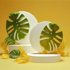 Two empty white round marble product podiums with different level in yellow background fresh green tropical monstera leaves. Mock up, Templates, Floor, Beauty, Skincare, Leave shadow, Stand, Display