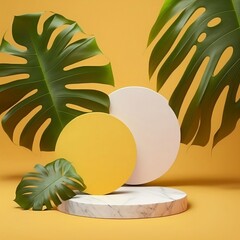 Two empty white round marble product podiums with different level in yellow background fresh green tropical monstera leaves. Mock up, Templates, Floor, Beauty, Skincare, Leave shadow, Stand, Display