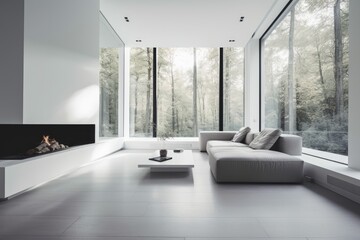interior living room with brilliant clean white walls, open green forest outlook, and minimalist furniture. Generative AI
