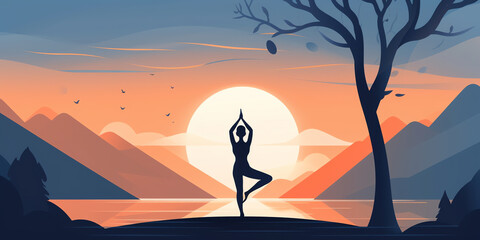 person practicing yoga, with sun rising or setting in background.  person in various yoga poses, such as downward dog, warrior pose, and tree pose. meditation positive affirmations. Generative AI.