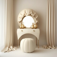 Empty modern, minimal beige dressing table, gold handle drawer storage, round vanity mirror, stool, tree in cream wall bedroom in sunlight for luxury beauty, cosmetic, makeup product background