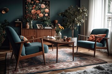 A coffee table with flowers has two comfy recliners facing each other. 60s style interiors. Vintage living room furniture. Hygge apartment. Generative AI