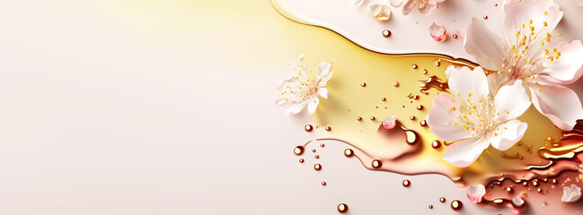 Abstract beauty modern flower banner with delicate cherry blossom flowers on surface futuristic background of smooth flowing. Trendy oriental floral background. Copy space. Generation ai