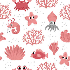 Vector under the sea seamless pattern. Repeat background with crab, starfish, squid, corals. Ocean life digital paper. Funny water animals and weeds illustration in pink color with cute fish.