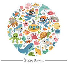 Vector under the sea round frame with divers, submarine, animals, weeds. Ocean card template design for banners, invitations. Cute illustration with dolphin, whale, tortoise, octopus .
