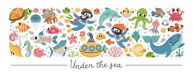 Vector under the sea horizontal set with divers, submarine, animals, weeds. Ocean card template or frame design for banners, invitations. Cute illustration with dolphin, whale, tortoise, octopus .