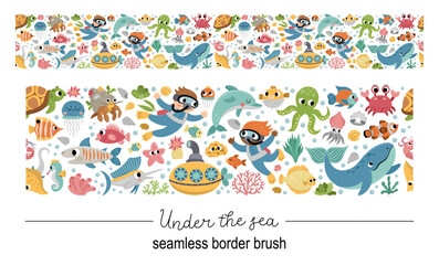 Vector under the sea seamless pattern border brush. Horizontal repeat background with cute fish, seaweeds, divers. Ocean life digital paper. Funny water animals and weeds texture.