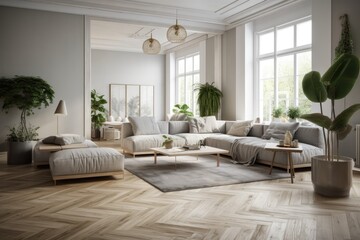Contemporary white and gray wooden living room. Fabric couch, parquet floor, window, and decors. Japanese interiors. Generative AI
