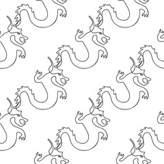 Seamless pattern with dragon illustration in line art style on a white background