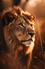 Obraz na płótnie Canvas Portrait of a beautiful male lion under sunlight in savanna. Generative AI.