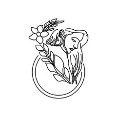 Simple line art deco female decorated by leaves vector illustration. Beauty woman elegant hand drawn spring floral black icon isolated on white
