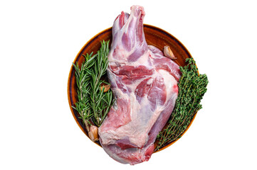 Whole fresh Raw lamb shoulder meat on a plate.  Isolated, transparent background.