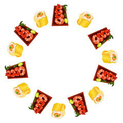 Illustration Asian food. Cartoon restaurant menu.Vector illustration mandala. Cute element for greeting cards, posters, stickers and seasonal design. Isolated on white background.