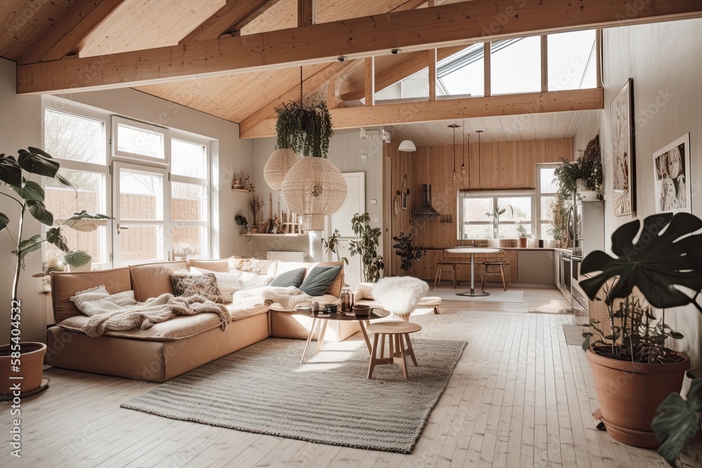 Poster wood house. Lovely bohemian Scandinavian home with light couch and fringed cushions. Generative AI