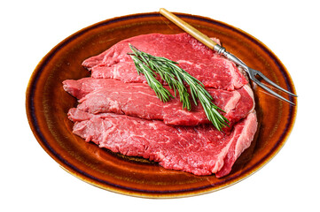Raw beef meat chop rump steak on a plate.   Isolated, transparent background.