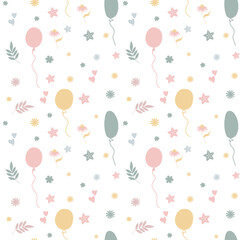 Vector seamless pattern for baby shower with cute baby elements footprints, babycloths and baloons. Nice printing design for fabric, paper or wallpaper that can be used for baby shower party.