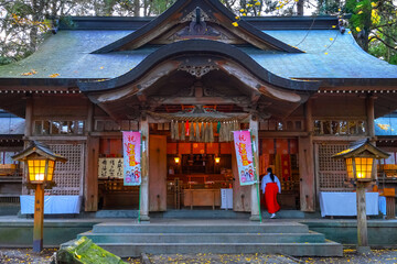 Miyazaki, Japan - Nov 24 2022: Takachiho Shrine founded over 1,900 year, Ninigi no Mikoto, the grandchild of Amaterasu Omikami. It's widely worshipped for its deity of marriage and purification