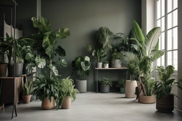 Modern green plants in different containers adorn the chic environment. Modern house garden. Modern jungle interior. Plant filled house décor. Generative AI