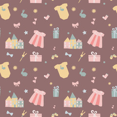 Vector seamless pattern for baby shower with cute baby elements footprints, babycloths and baloons. Nice printing design for fabric, paper or wallpaper that can be used for baby shower party.