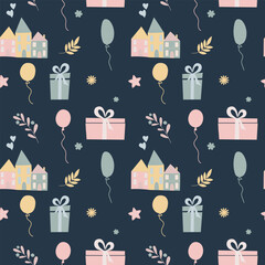 Vector seamless pattern for baby shower with cute baby elements footprints, babycloths and baloons. Nice printing design for fabric, paper or wallpaper that can be used for baby shower party.