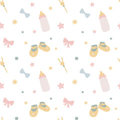 Vector seamless pattern for baby shower with cute baby elements footprints, babycloths and baloons. Nice printing design for fabric, paper or wallpaper that can be used for baby shower party.