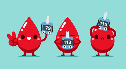 Cute cartoon red droplet checks blood control low-high sugar diabetes glycemic with a glucometer on blue background. Vector illustration Kawaii character flat design.