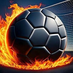 Fototapeta premium Fiery Soccer Ball In Goal With Net In Flames