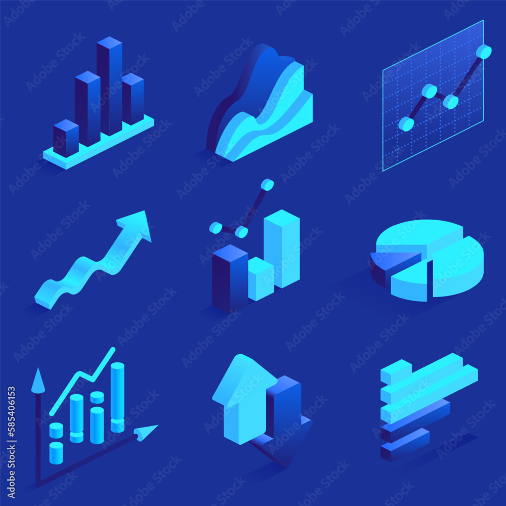 Poster charts graphs and diagrams business finance vector isometric icons on blue background data finance i