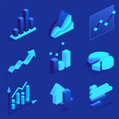 Charts graphs and diagrams Business finance vector isometric icons on blue background Data finance information statistic Infographic analysis tools Elements for web presentation applications print