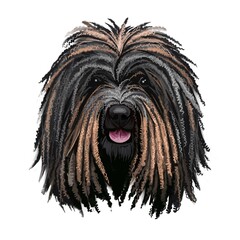 Puli dog portrait isolated on white. Digital art illustration of hand drawn dog web, t-shirt print and puppy food cover design. Breed of Hungarian herding livestock guarding dog with long coat