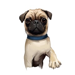 Pug dog portrait isolated on white. Digital art illustration of hand drawn dog for web, t-shirt print and puppy food cover design. Breed with wrinkly, short-muzzled face, and curled tail in collar.