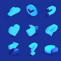 Realistic isometric social icons vector illustrations isolated on blue background Cloud check magnet heart like speech bubble arrows question chart More icons in same style in my portfolio
