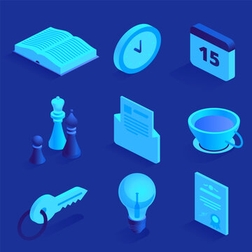 Tasks, strategy, goal achievement, time planning, idea Detailed realistic isometric icons 3d vector illustrations isolated on blue background More icons in same style in my portfolio