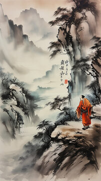 A Shaolin monk in the high mountains contemplating a stream. Ink illustration. AI generated.